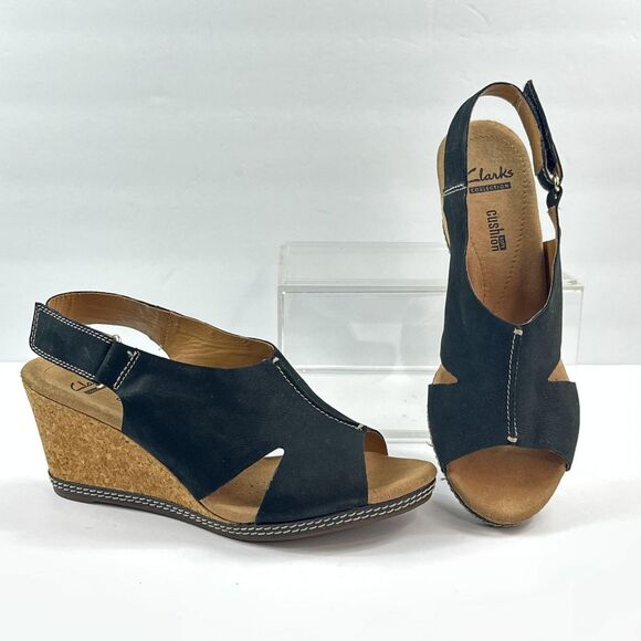 Clarks Helio Float Wedge Sandal Womens Size 8.5 Black Cork Heel Slingback - Picture 1 of 12